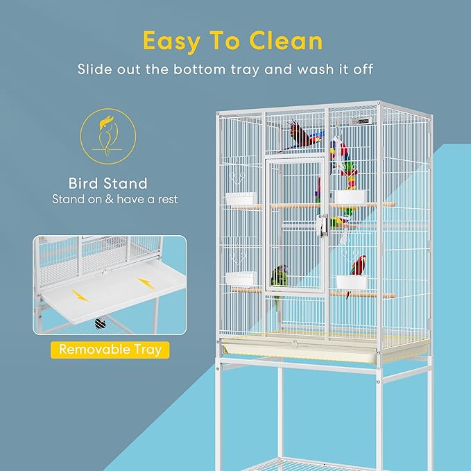 VIVOHOME 54 Inch Wrought Iron Large Bird Flight Cage with Rolling Stand for Parakeets Canaries Cockatiels Lovebirds Conures, White