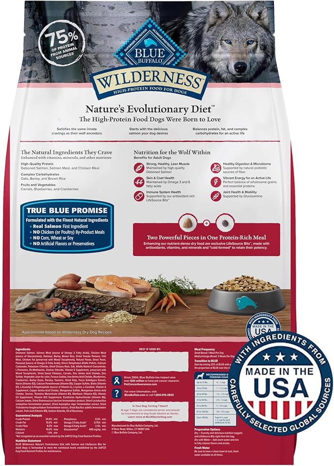 Blue Buffalo Wilderness Natural High-Protein Dry Food for Adult Dogs, Salmon Recipe, 13-lb. Bag