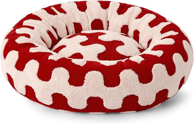 Lesure Donut Small Dog Bed - Round Cat Beds for Indoor Cats Anti-Anxiety Calming Pet Beds, Washable Cute Modern Beds with Teddy Sherpa Plush & Anti Slip Bottom Red