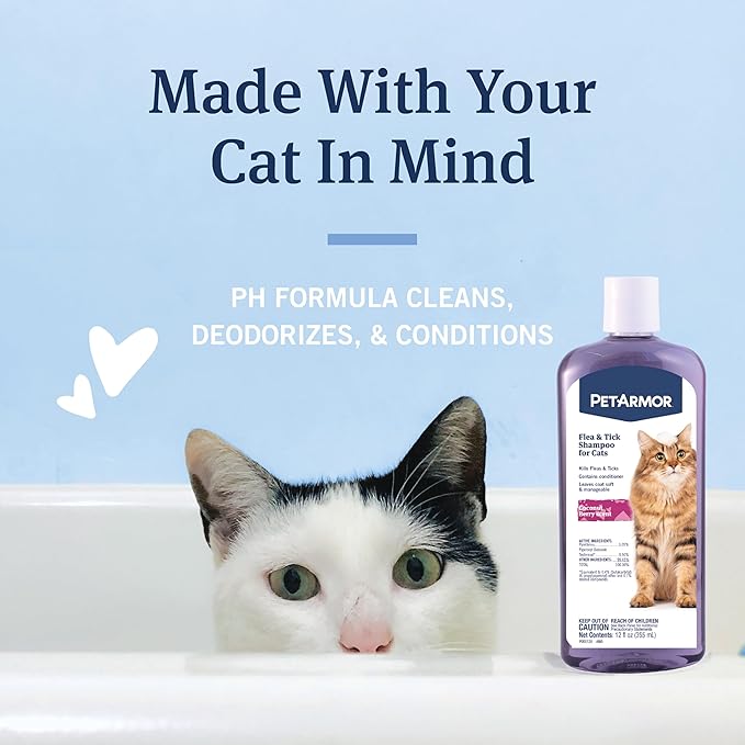 PetArmor Flea and Tick Shampoo for Cats, Coconut Berry Scented Flea Shampoo and Conditioner for Cats, Flea Treatment Kills Fleas and Ticks, 12oz