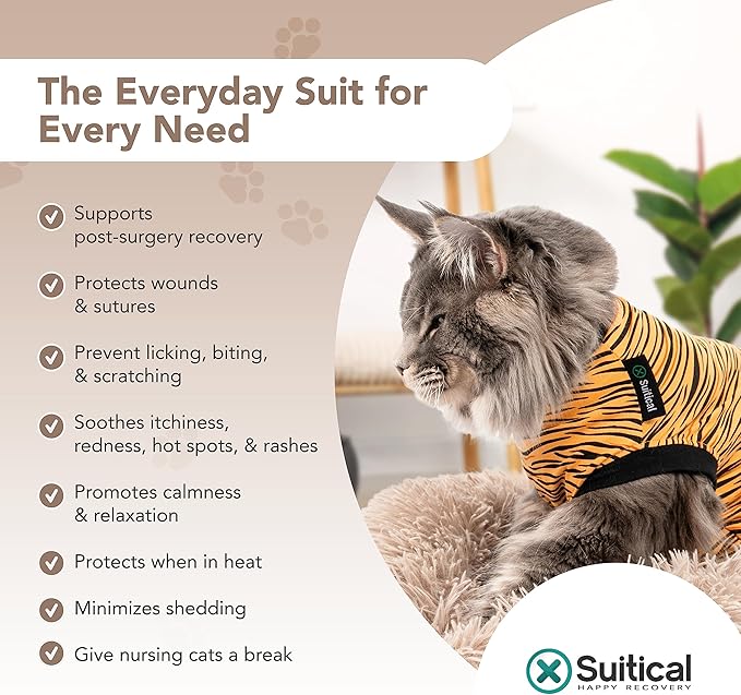 Cat Recovery Suit - Cat Recovery Suit for Spay, Neuter, Suture, Incision, & Skin Conditions - Breathable Fabric with Back Opening - XS Cat Suit by Suitical, Tiger Print