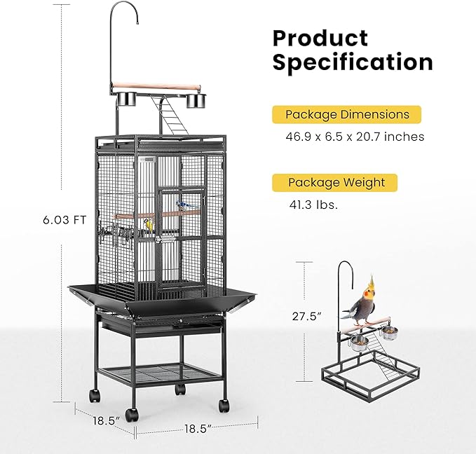 VIVOHOME 72 Inch Wrought Iron Large Bird Cage with Play Top and Stand for Parrots Lovebird Cockatiel Parakeets Black