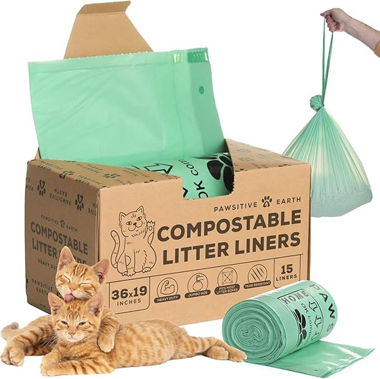 Cat Litter Box Liners 100% Compostable - Drawstring Close - 15 Count - Jumbo Size 36" x 19" - Tear & Leak Resistant - OK Compost Home Certified