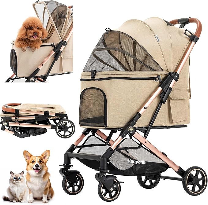 Kenyone Pet Stroller for Small to Medium Dogs Durable Cat Stroller with Lightweight Aluminum Frame, One-Click Folding, No Zip Entry, PU Wheels, Multiple Pockets(Khaki)