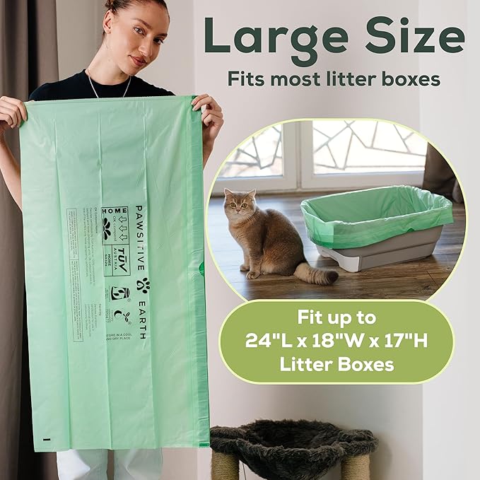 Cat Litter Box Liners 100% Compostable - Drawstring Close - 6 Count - Jumbo Size 36" x 19" - Tear & Leak Resistant - OK Compost Home Certified