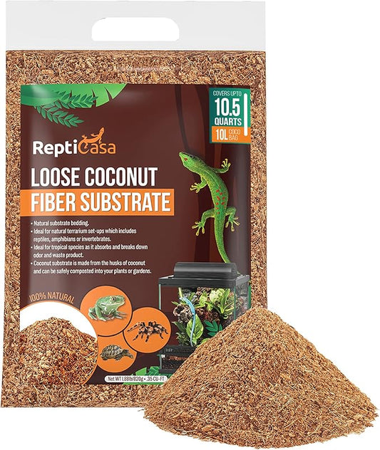 Loose Coconut Substrate Husk Fibers, 10.5 Quarts Bag, Clean Natural Terrarium Bedding for Reptiles, Amphibians, or Invertebrates, Waste, Liquid and Odor Absorbent