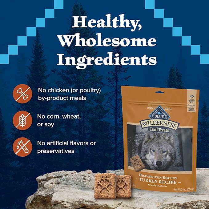 Blue Buffalo Wilderness Trail Treats High Protein Grain Free Dog Biscuits Crunchy Dog Treats, Turkey Recipe, 24-oz Bag