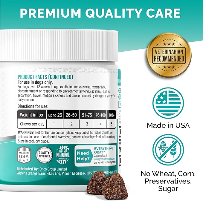 PREMIUM CARE Hemp Calming Chews for Dogs Anxiety, Made in USA, 9.3 oz (264g), Duck-Flavored, 120 count