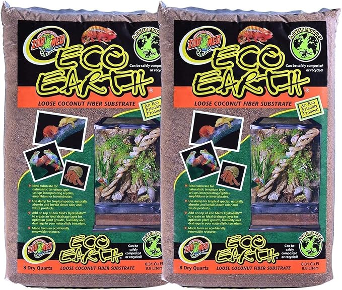 Zoo Med Eco Earth All-Natural Loose Coconut Fiber, Safely Composted, Tropical Substrate for Reptiles (8 Quarts, 2-Pack)