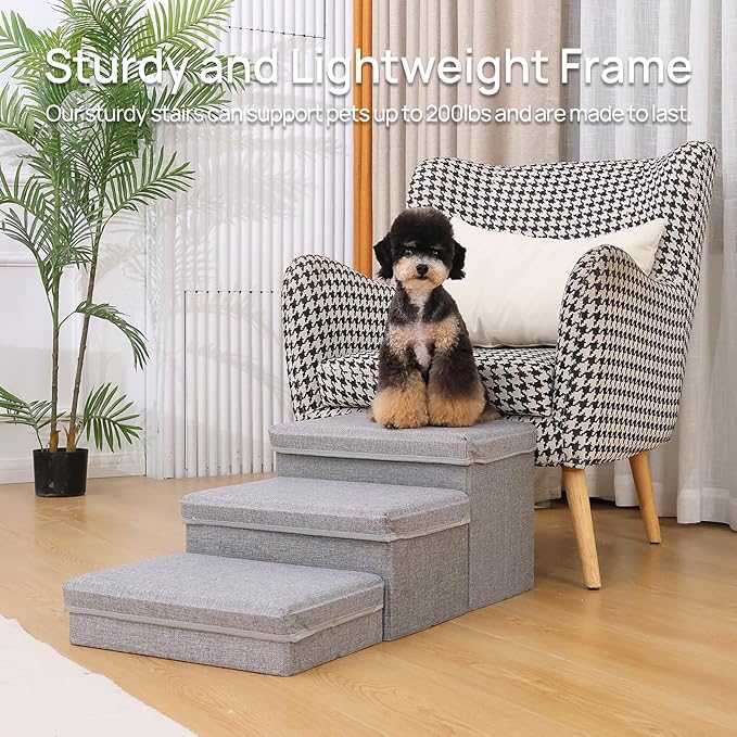 Foldable Dog Stairs/Steps 2-Tier Pet Steps Storage and Adjustable Steps for Small Medium Dogs Pet Steps Storage Stepper for High Beds Sofa Pet Dog Cat (3 STEP-Light Grey)