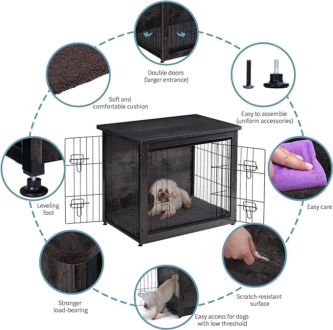 DWANTON Dog Crate Furniture with Cushion, Wooden Crate with Double Doors, Dog Kennel Indoor for Small/Medium/Large Dog, End Table, Small, 27.2" L, Dark Grey