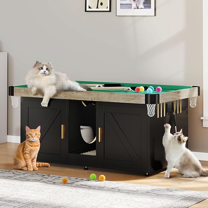 DWVO Cat Litter Box Enclosure for 2 Cats, Litter Box Enclosure Furniture Hidden with Double Room, 2-in-1 Wooden Cat Cabinet with Mini Pool Table Tower, 2 Feather Teaser Sticks & 8 Felt Balls, Black