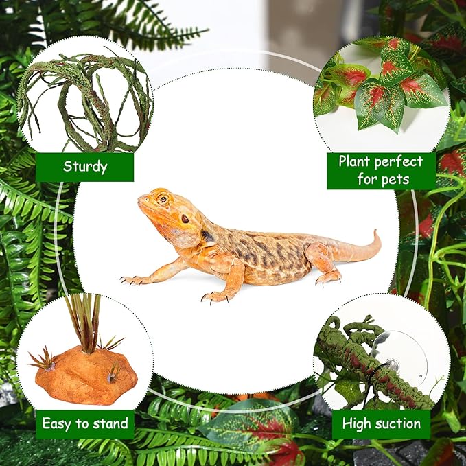 9 Pieces Reptile Jungle Vines Decor Set Include Bendable Flexible Climbing Plastic Plants with Suction Cups Tank Accessories Habitat Decor for Gecko, Snake, Hermit Crab