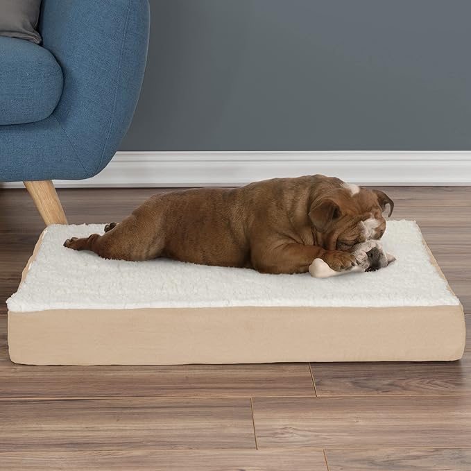 PETMAKER Orthopedic Dog Bed - 2-Layer Memory Foam Crate Mat with Machine Washable Sherpa Cover - 30x20.5 Pet Bed for Medium Dogs Up to 45lbs (Tan)