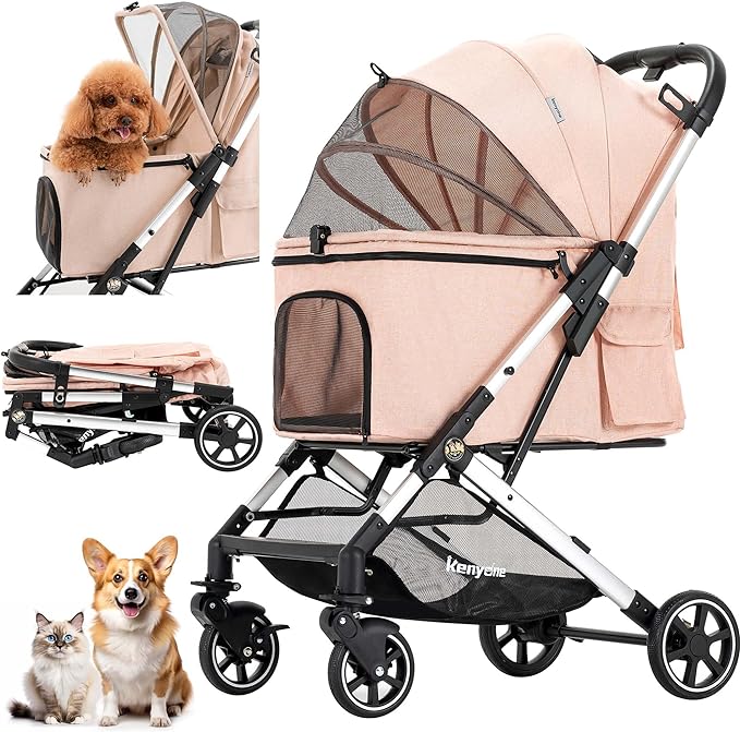 Kenyone Pet Stroller for Small to Medium Dogs Durable Cat Stroller with Lightweight Aluminum Frame, One-Click Folding, No Zip Entry, PU Wheels, Multiple Pockets(Pink)