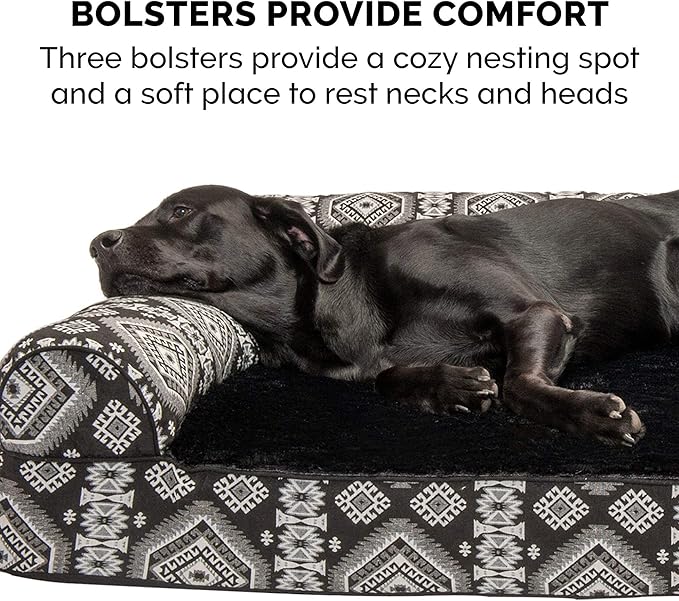Furhaven Orthopedic Dog Bed for Large Dogs w/ Removable Bolsters & Washable Cover, For Dogs Up to 125 lbs - Plush & Southwest Kilim Woven Decor Sofa - Black Medallion, Jumbo Plus/XXL