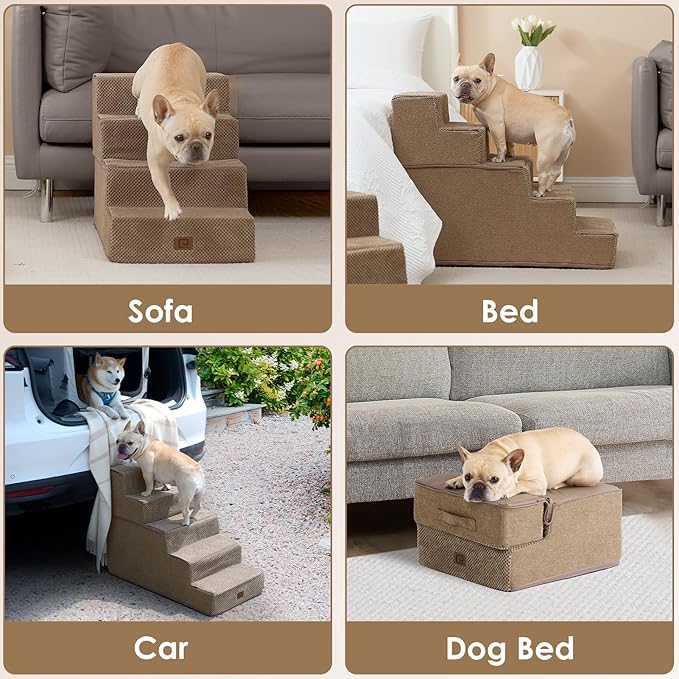 EHEYCIGA Dog Stairs for High Bed 22.5”H, 5-Step Dog Steps for Bed, Pet Steps for Small Dogs and Cats, Non-Slip Balanced Dog Indoor Ramp, Camel