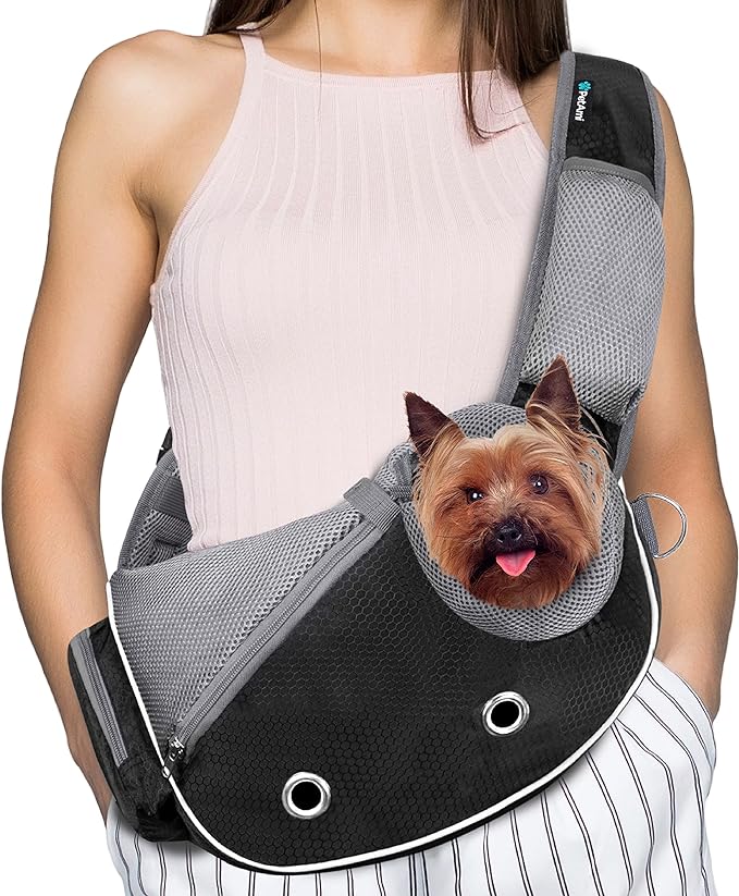 PetAmi Dog Sling Carrier for Small Dogs, Puppy Carrier Sling Purse, Dog Bags For Traveling, Carrying Bag to Wear Medium Cat, Adjustable Crossbody Pet Sling Travel, Poop Bag Dispenser, Max 5 lbs, Black