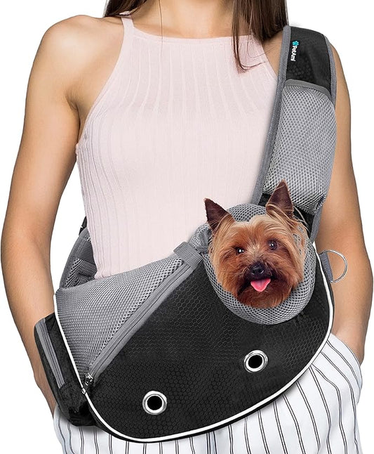 PetAmi Dog Sling Carrier for Small Dogs, Puppy Carrier Sling Purse, Dog Bags For Traveling, Carrying Bag to Wear Medium Cat, Adjustable Crossbody Pet Sling Travel Poop Bag Dispenser, Max 10 lbs, Black