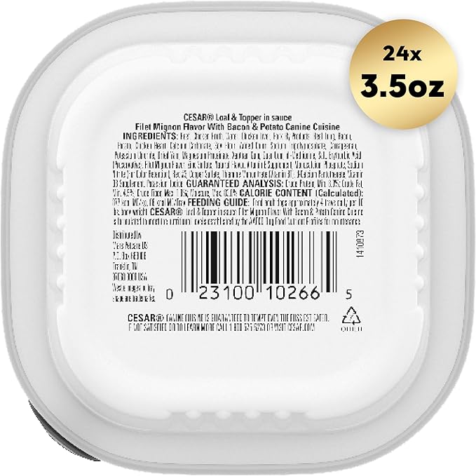 CESAR Adult Wet Dog FoodLoaf & Topper in Sauce Filet Mignon Flavor with Bacon & Potato, 3.5 Ounce (Pack of 24), Easy Peel Trays