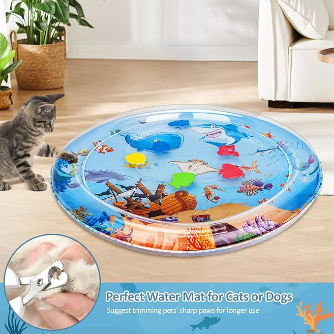 RAINBEAN Water Sensory Play Mat for Cats, Thickened 2024 New Sensory Water Play Mat with Fish for Cats, Upgraded Cat Water Play Mat, Water Sensor Mat for Pets Kids (26Inch)