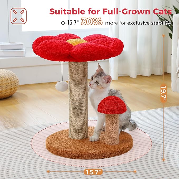 PETEPELA Flower Cat Scratching Post, Mushroom Cat Scratcher Cute with Thick Scratching Post & Removable Flower Large Cat Bed [Dia=15.7''], Tall Cat Post for Kittens and Indoor Small Cats