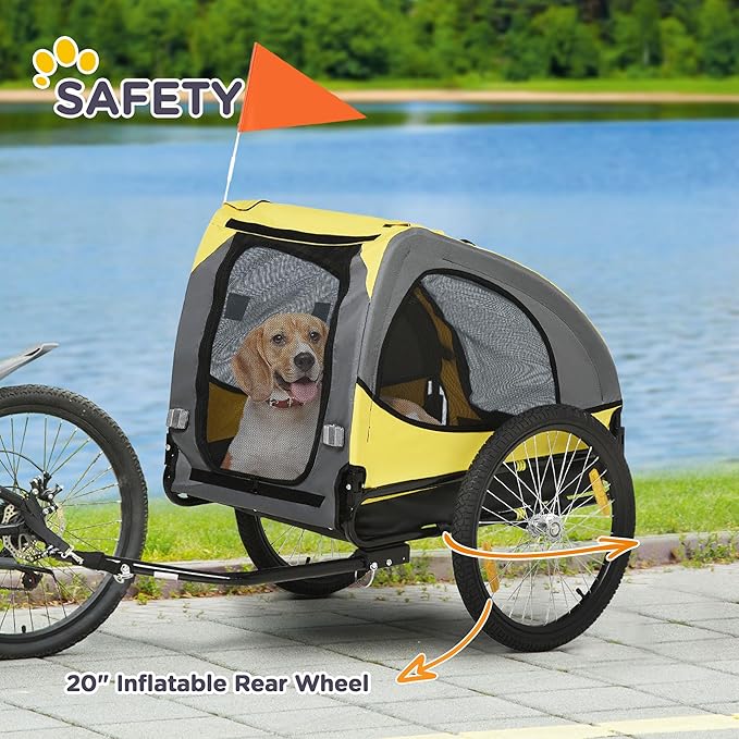 Aosom Dog Bike Trailer, Pet Bike Wagon with Steel Frame, Hitch Coupler, Quick Release Wheels, Reflectors, Flag, Pet Travel Carrier for Medium Dogs