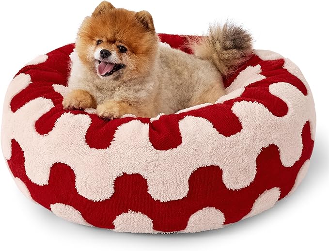 Lesure Donut Small Dog Bed - Round Cat Beds for Indoor Cats Anti-Anxiety Calming Pet Beds, Washable Cute Modern Beds with Teddy Sherpa Plush & Anti Slip Bottom Red