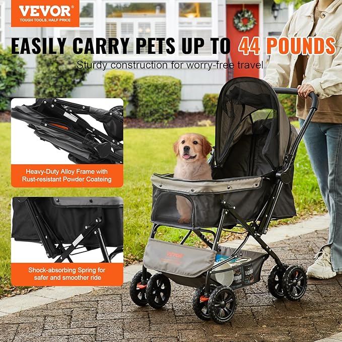 VEVOR Dog Cat Stroller for Medium Small Dogs Cats Up to 44lbs, 4 Wheel Foldable Pet Stroller with Reversible Handle, Portable Lightweigh Puppy Doggy Doggie Jogging Stroller with Storage Basket