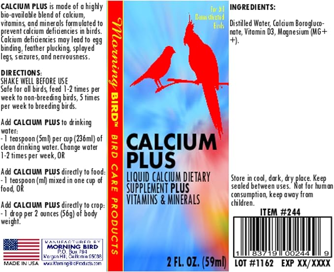 Morning Bird Calcium Plus Supplement for Avian Health, Liquid Calcium Formula with Magnesium and Vitamin D3, 2 Fl. Oz.