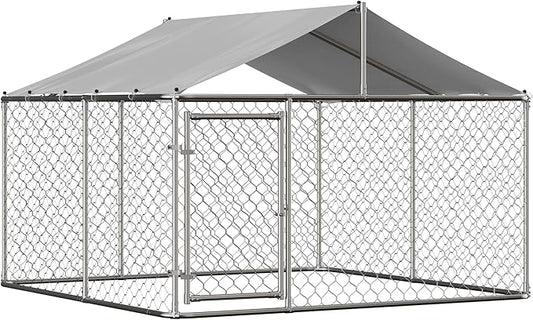 Dog Kennel Outdoor Dog House, Large Heavy Duty Dog Cage w/Waterproof Cover, Galvanized Steel Dog Fence House w/Secure Lock, Anti Rust Dog Enclosure Playpen for Backyard,90 x 90 x 65 in