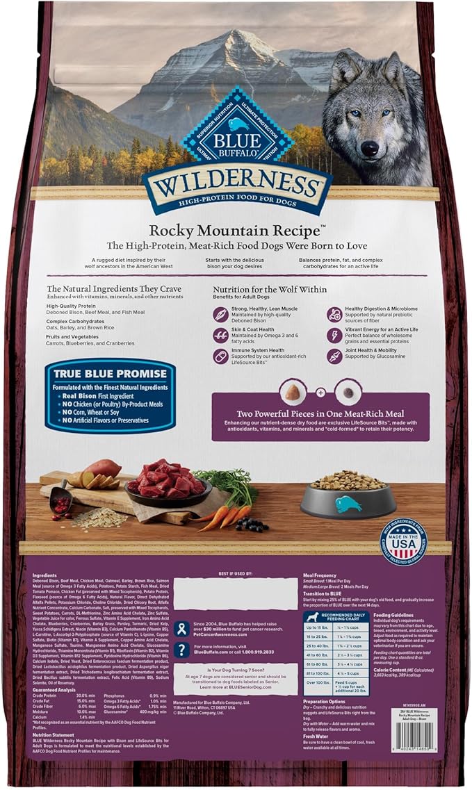 Blue Buffalo Wilderness Rocky Mountain Recipe High-Protein Adult Dry Dog Food, Made in the USA with Natural Ingredients Plus Wholesome Grains, Bison, 28-lb. Bag