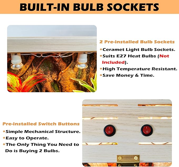 Reptile Terrarium, Lizard Tank Up to 68 Gallons, Bearded Dragon Tank with Roof Door, Snake Tank with Built-in Lamp Fixture and Switch (28 Gallon, 32" Long, Openable Wood Roof)