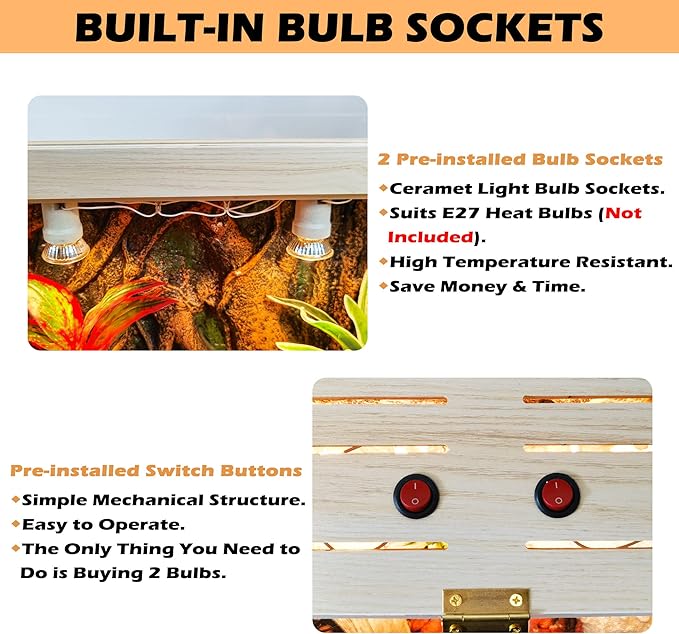 Reptile Terrarium, Lizard Tank Up to 68 Gallons, Bearded Dragon Tank with Roof Door, Snake Tank with Built-in Lamp Fixture and Switch (21 Gallon, 24" Long, Openable Acrylic Roof)