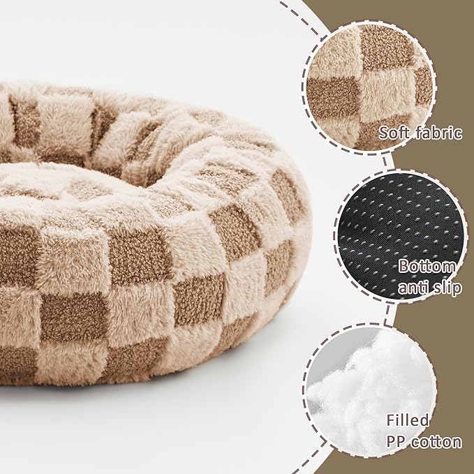 Love's cabin Round Donut Cat and Dog Cushion Bed, 20in Pet Bed For Cats or Small Dogs, Anti-Slip & Water-Resistant Bottom, Super Soft Durable Fabric Pet beds, Washable Luxury Cat & Dog Bed Brown Plaid