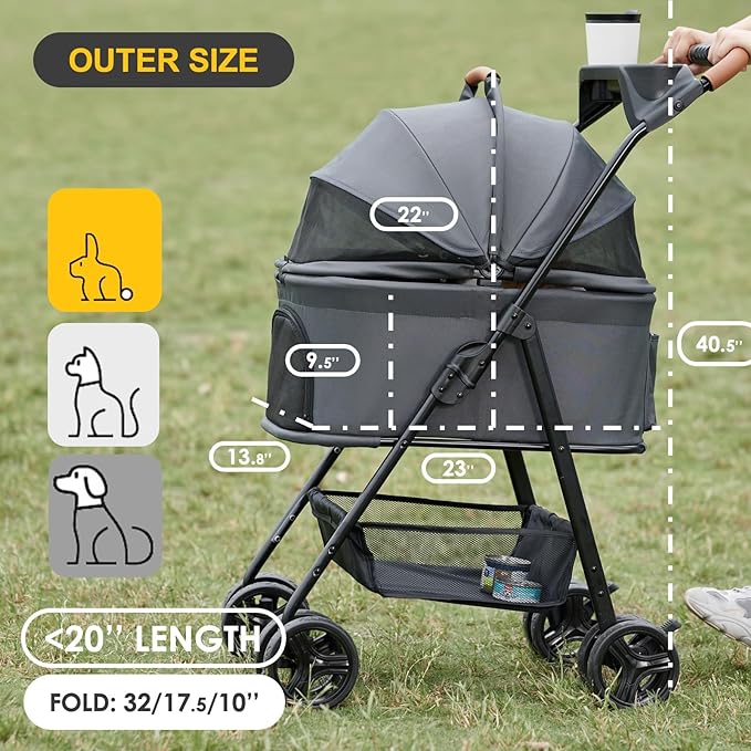 3 in 1 Folding Dog Stroller, Pet Folding Stroller, 4 Wheels Dog/Cat Puppy Stroller w/Removable Travel Carrier for Small/Medium Pet, Waterproof Pad, Car Seat, Sun Shade