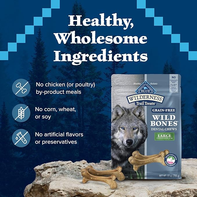 Blue Buffalo Wilderness Wild Bones Grain-Free Dental Chews Dog Treats, Large, 27-oz Bag