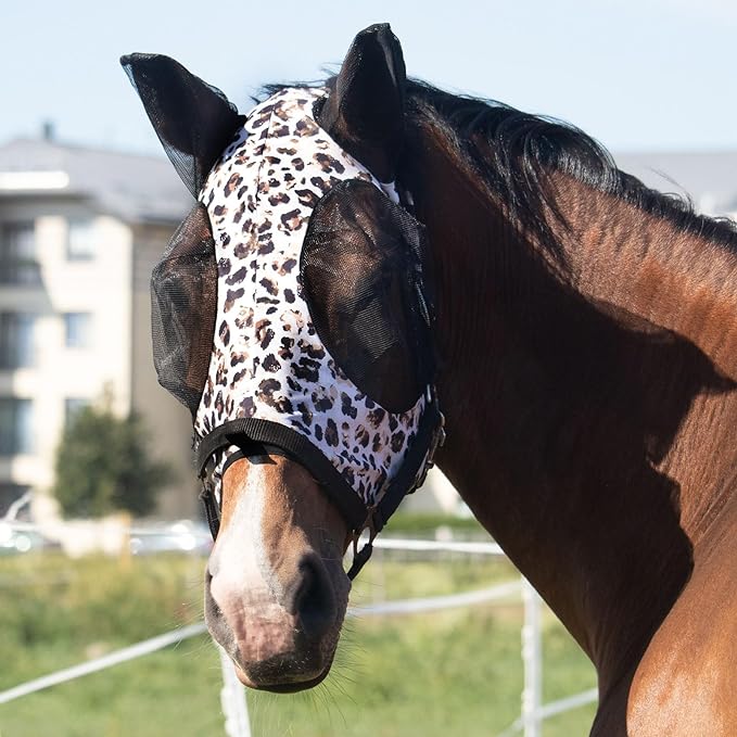 Harrison Howard Super Comfort Stretchy Fly Mask Large Eye Space with UV Protection Soft on Skin with Breathability Leopard Print Full Size