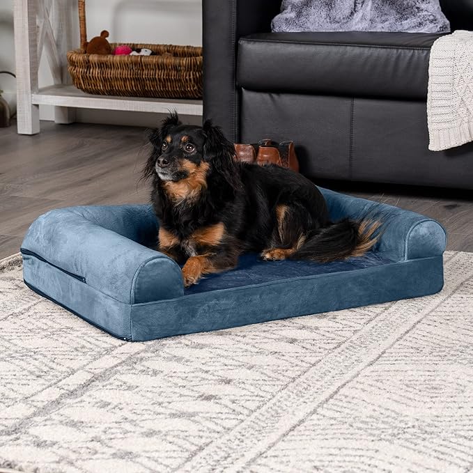 Furhaven Orthopedic Dog Bed for Medium/Small Dogs w/ Removable Bolsters & Washable Cover, For Dogs Up to 35 lbs - Faux Fur & Velvet Sofa - Harbor Blue, Medium