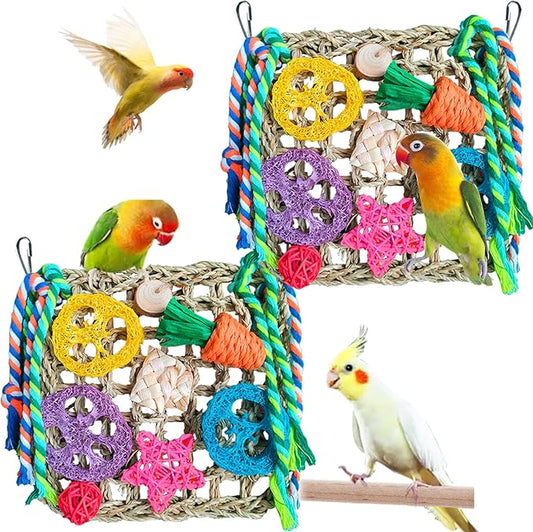 Parrot Toys, 2 Pcs Foraging Shredding Seagrass Wall for Birds, Seagrass Woven Climbing Hammock Mat with Colorful Chewing Toys for Lovebirds, Parakeets, Budgerigars, Conure, Cockatiel