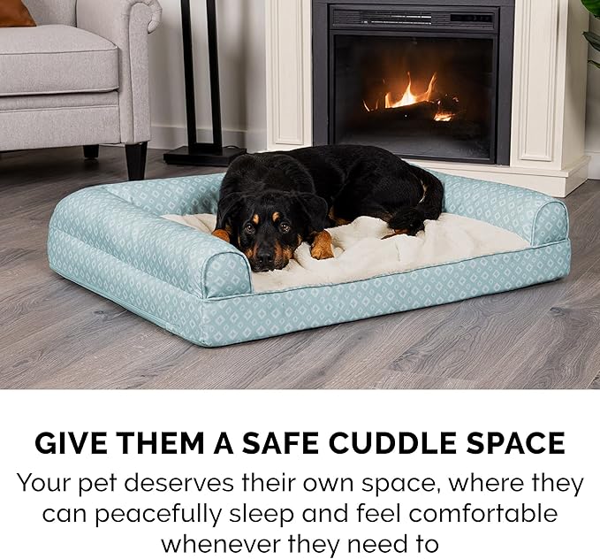 Furhaven Cozy Orthopedic Dog Bed for Medium/Small Dogs w/ Removable Bolsters & Washable Cover, For Dogs Up to 35 lbs - Plush & Diamond Print Nest Top Sofa - Aqua, Medium