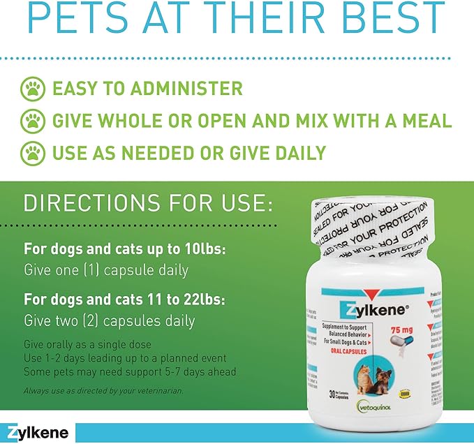 Vetoquinol Zylkene Calming Support Supplement for Small Dogs and Cats, Helps Promote Relaxation and Reduce External Stress Factors, Daily Behavioral Support and Anxiety Relief for Dogs and Cats, 75mg