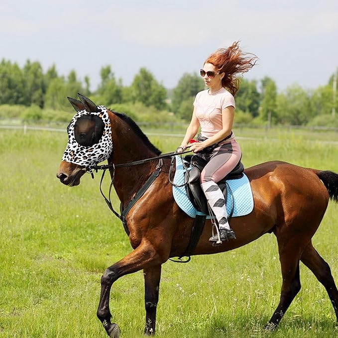 Horse Fly Mask, Softer Stretchy Fly Masks for Horses, Comfortable and Breathable Horse Fly Masks with Ears, Shade and Cooling to Protect The Horse's face from Disturbance, Leopard L