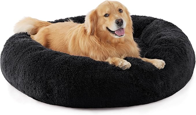 Bedsure Calming Dog Bed for Extra Large Dogs - Donut Washable Large Pet Bed, 45 inches Anti-Slip Round Fluffy Plush Faux Fur Dog Bed, Fits up to 125 lbs Pets, Black