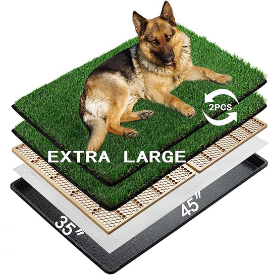 MEEXPAWS Dog Grass Pee Pads for Dogs with Tray | Extra Large 45×34 in | 2× Dog Artificial Grass Pads Replacement| Rapid Drainage | Indoor Dog Litter Box | Hemmed Edge