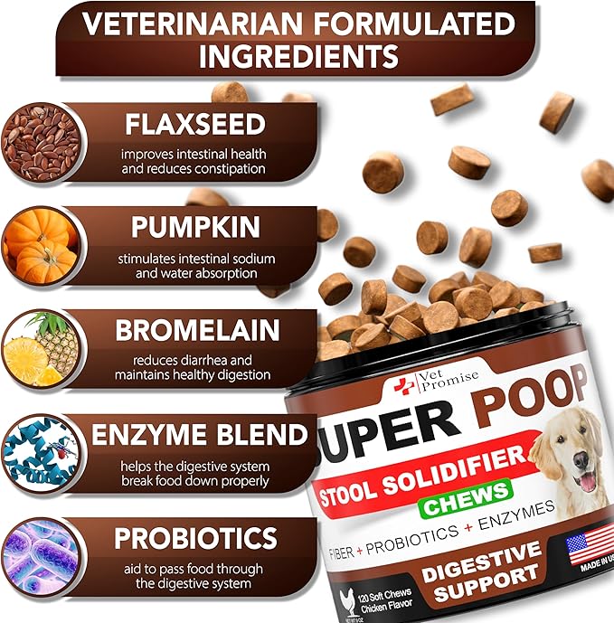 Super Poop Probiotics for Dogs - Dog Stool Softener - Fiber for Dogs Supplement - 6 Probiotics and Digestive Enzymes - Healthy Gut - Perfect for Firm Stool & Diarrhea Relief - 120 Chews