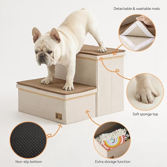 BEDELITE Dog Stairs for Small Medium or Large Dogs, 2 Tiers Dog Steps for Bed and Couch 13" H, Foldable Pet Stairs Up to 200Lbs with Detachable Mats & Storage, Beige