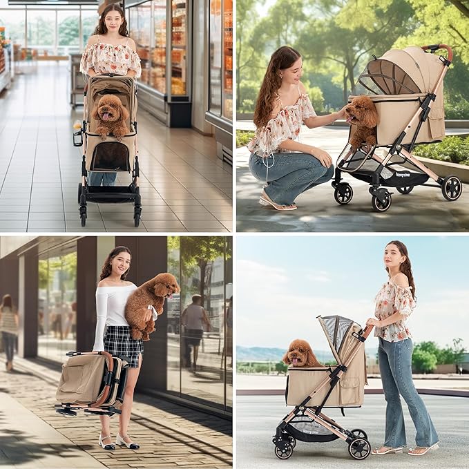 Kenyone Pet Stroller for Small to Medium Dogs Durable Cat Stroller with Lightweight Aluminum Frame, One-Click Folding, No Zip Entry, PU Wheels, Multiple Pockets(Khaki)