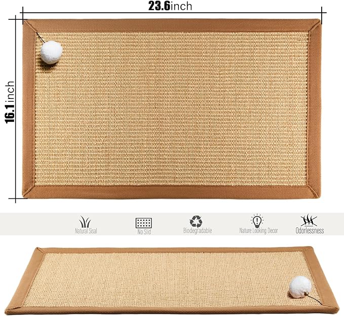 Cat Scratching Mat Hanging Toy Ball with Bell, 23.6x16.1 Sisal Cat Scratcher Mat with Latex Back & Cotton Borde,Horizontal Cat Scratchers Protect Carpets & Sofa (Beige with Cotton Border)