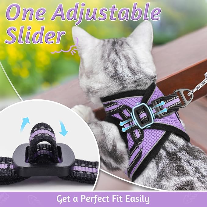 rabbitgoo Cat Harness and Leash Set for Walking Escape Proof, Adjustable Soft Kittens Vest with Reflective Strip for Cats, Comfortable Outdoor Vest, Light Purple, M